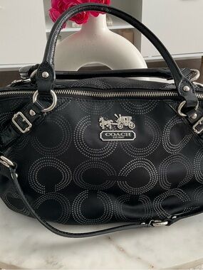 Coach Madison Dotted Op Art Sophia Satchel Shoulder Bag Purse Large. Black.